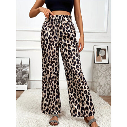Lucky Life Kadın Yüksek Bel Beli Lastikli Bağcıklı Leopar Desenli Süprem Pantolon