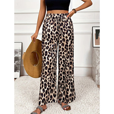 Lucky Life Kadın Yüksek Bel Beli Lastikli Bağcıklı Leopar Desenli Süprem Pantolon