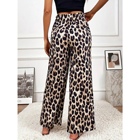 Lucky Life Kadın Yüksek Bel Beli Lastikli Bağcıklı Leopar Desenli Süprem Pantolon
