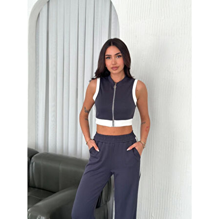Lucky Life Lucky Life Kadın Yumuşak Dokulu Kumaş Tam Fermuarlı Crop Pantalon İkili Takım - Antrasit