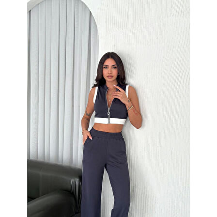 Lucky Life Lucky Life Kadın Yumuşak Dokulu Kumaş Tam Fermuarlı Crop Pantalon İkili Takım - Antrasit