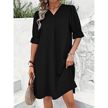 Lucky Life Kadın Kısa Kollu V Yakalı Salaş Janjan Krep Elbise