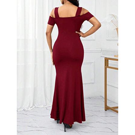 Lucky Life Kadın Omuzlardan Açık Askılı Yırtmaç Detaylı Uzun Ithal Krep Elbise