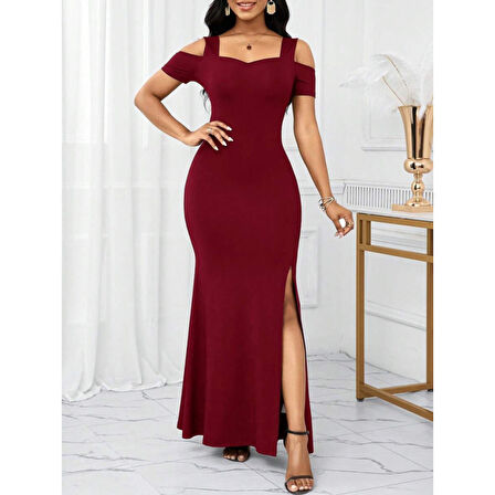 Lucky Life Kadın Omuzlardan Açık Askılı Yırtmaç Detaylı Uzun Ithal Krep Elbise