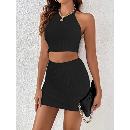 Lucky Life Sıfır Kol Lucky Life Kadın Crop Mini Etek Ikili Triko Takım