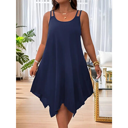 Lucky Life Kadın Askılı Yuvarlak Asimetrik Kesim Detaylı Viskon Elbise