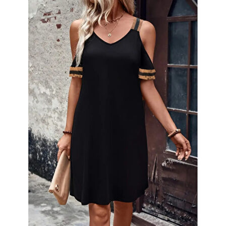 Lucky Life Kadın Askılı V Yakalı Omuzlardan Açık Kısa Viskon Elbise