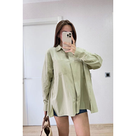 Lucky Life Kadın Yakalı Yandan Yırtmaçlı Gömlek - Yeşil