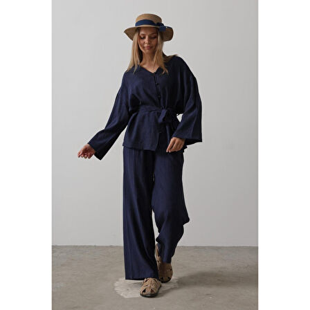 Lucky Life Kadın Beli Bağlamalı Tunik Ve Bağlamalı Pantolon Takım - Lacivert