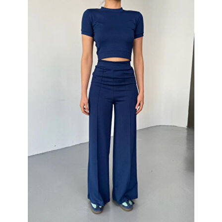 Osy Modal Yumuşak Dokulu Kumaş Kısa Kollu Lucky Life Kadın Crop Rahat Pantalon Ikili Takım - Lacivert