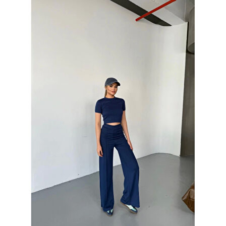 Osy Modal Yumuşak Dokulu Kumaş Kısa Kollu Lucky Life Kadın Crop Rahat Pantalon Ikili Takım - Lacivert