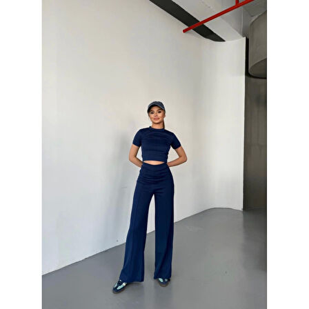 Osy Modal Yumuşak Dokulu Kumaş Kısa Kollu Lucky Life Kadın Crop Rahat Pantalon Ikili Takım - Lacivert