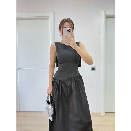 Lucky Life Kadın Arkası Kanatlı Uzun Elbise- Siyah