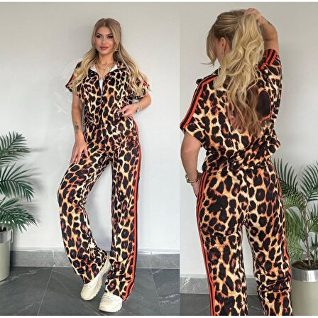 Lucky Life Kadın Dalgıç Kumaş Dijital Leopar Baskılı şerit Detaylı Takım