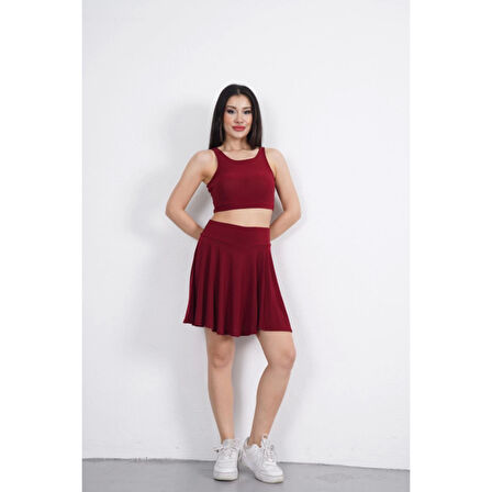 Sendy Kumaş Bisiklet Yaka Lucky Life Kadın Crop Şortlu Etek Ikili Takım - Bordo