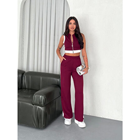 Lucky Life Lucky Life Kadın Yumuşak Dokulu Kumaş Tam Fermuarlı Crop Pantalon İkili Takım - Bordo