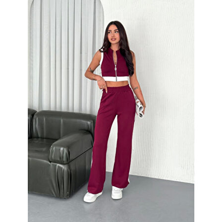 Lucky Life Lucky Life Kadın Yumuşak Dokulu Kumaş Tam Fermuarlı Crop Pantalon İkili Takım - Bordo