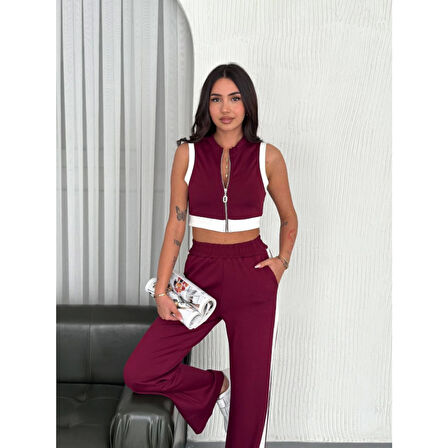 Lucky Life Lucky Life Kadın Yumuşak Dokulu Kumaş Tam Fermuarlı Crop Pantalon İkili Takım - Bordo