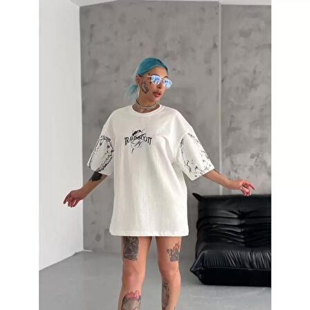 Lucky Life Unisex Bisiklet Yaka Baskılı Oversize T-Shirt - Beyaz