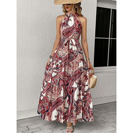 Lucky Life Kadın Halter Yakalı Omuzlardan Açık Kuşaklı Maksi Boy Desenli Süprem Elbise