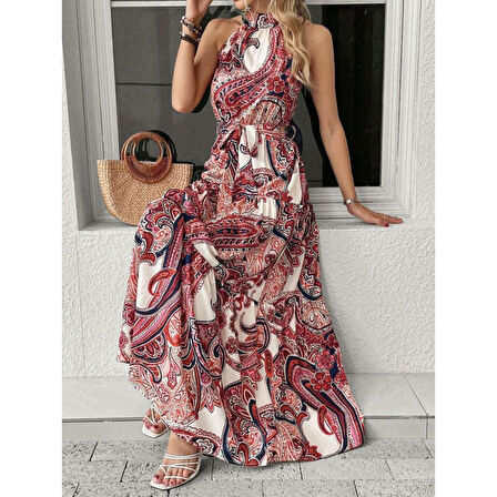 Lucky Life Kadın Halter Yakalı Omuzlardan Açık Kuşaklı Maksi Boy Desenli Süprem Elbise