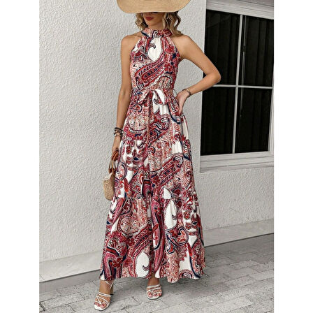 Lucky Life Kadın Halter Yakalı Omuzlardan Açık Kuşaklı Maksi Boy Desenli Süprem Elbise