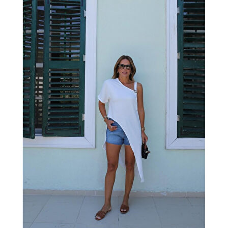 Lucky Life Kadın Tek Omuzu Açık Askılı Asimetrik Kesim Detaylı Bluz