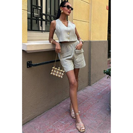 Lucky Life Mini Yelekli Şortlu Keten Takım 