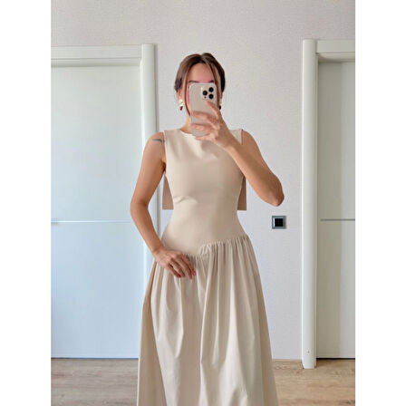 Lucky Life Kadın Arkası Kanatlı Uzun Elbise- Bej