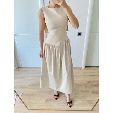 Lucky Life Kadın Arkası Kanatlı Uzun Elbise- Bej