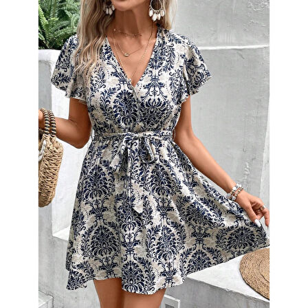 Lucky Life Kadın Kısa Kollu V Yakalı Beli Kuşaklı Desenli Sofya Elbise