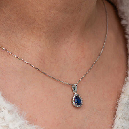 Gümüş Mavi Taşlı Damla Kadın Kolye