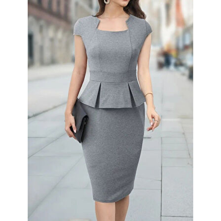 Lucky Life Kadın Kısa Kollu Kare Yakalı Ithal Krep Elbise