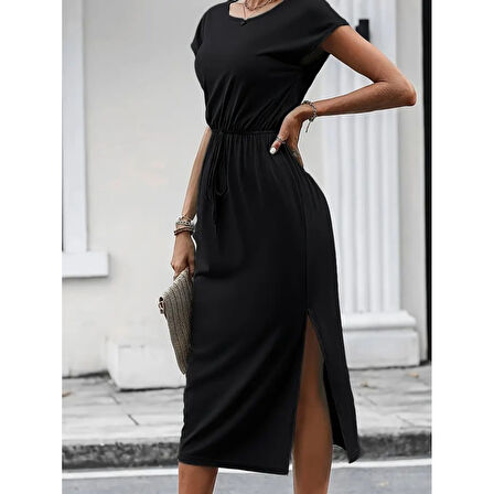 Lucky Life Kadın Kısa Kollu Yakası Açık Belden Kuşaklı Yandan Yırtmaçlı Midi Viskon Elbise