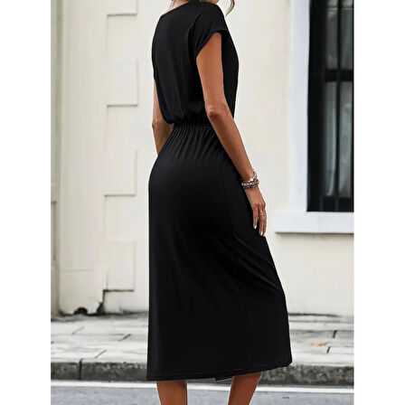 Lucky Life Kadın Kısa Kollu Yakası Açık Belden Kuşaklı Yandan Yırtmaçlı Midi Viskon Elbise