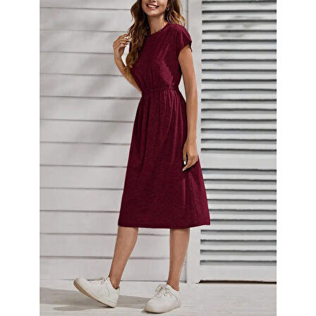 Lucky Life Kadın Kısa Kollu Bisiklet Yaka Belden Lastikli Midi Viskon Elbise