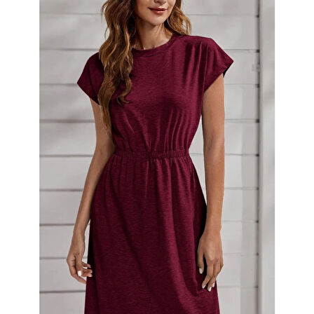 Lucky Life Kadın Kısa Kollu Bisiklet Yaka Belden Lastikli Midi Viskon Elbise