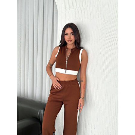Lucky Life Lucky Life Kadın Yumuşak Dokulu Kumaş Tam Fermuarlı Crop Pantalon İkili Takım - Kahverengi