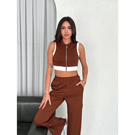 Lucky Life Lucky Life Kadın Yumuşak Dokulu Kumaş Tam Fermuarlı Crop Pantalon İkili Takım - Kahverengi