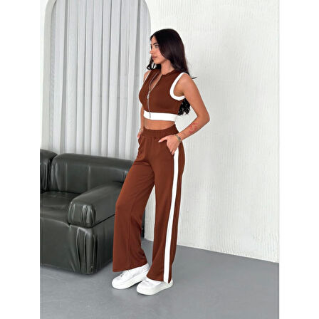 Lucky Life Lucky Life Kadın Yumuşak Dokulu Kumaş Tam Fermuarlı Crop Pantalon İkili Takım - Kahverengi