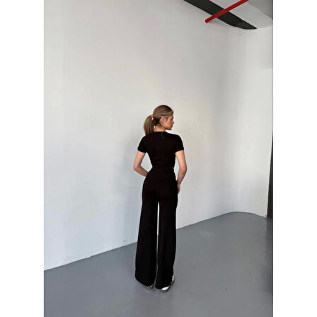 Osy Modal Yumuşak Dokulu Kumaş Kısa Kollu Lucky Life Kadın Crop Rahat Pantalon Ikili Takım - Siyah