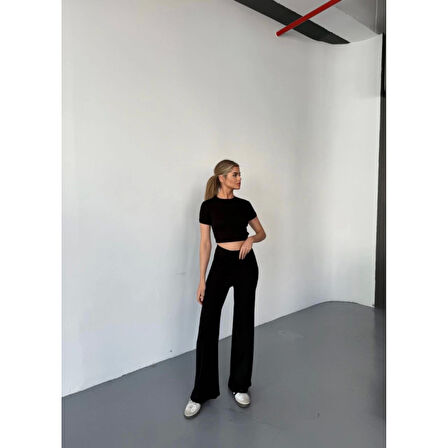 Osy Modal Yumuşak Dokulu Kumaş Kısa Kollu Lucky Life Kadın Crop Rahat Pantalon Ikili Takım - Siyah