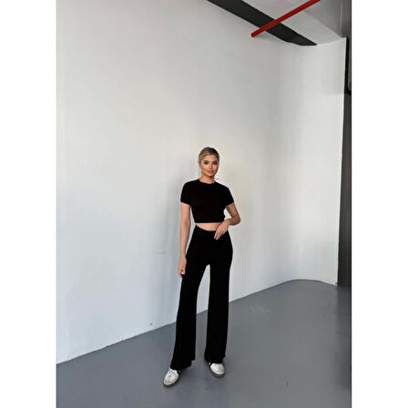 Osy Modal Yumuşak Dokulu Kumaş Kısa Kollu Lucky Life Kadın Crop Rahat Pantalon Ikili Takım - Siyah