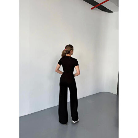 Osy Modal Yumuşak Dokulu Kumaş Kısa Kollu Lucky Life Kadın Crop Rahat Pantalon Ikili Takım - Siyah