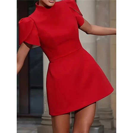 Lucky Life Kısa Kollu Balıkçı Yaka Arkadan Kelebek Dekolte Detaylı Kısa Atlas Elbise