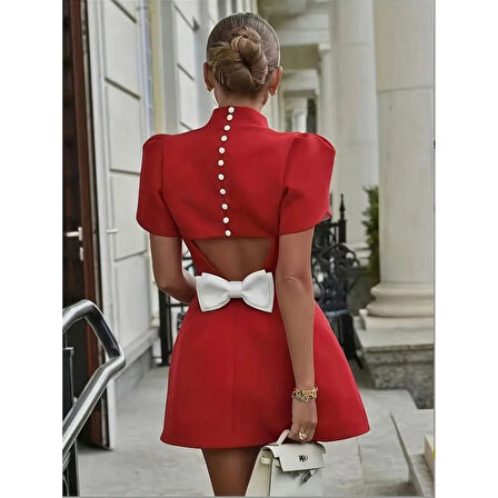 Lucky Life Kısa Kollu Balıkçı Yaka Arkadan Kelebek Dekolte Detaylı Kısa Atlas Elbise