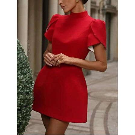 Lucky Life Kısa Kollu Balıkçı Yaka Arkadan Kelebek Dekolte Detaylı Kısa Atlas Elbise