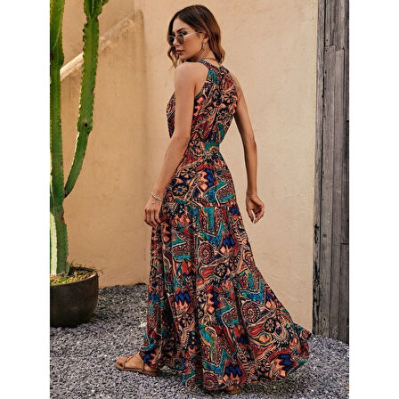 Lucky Life Kadın Kolsuz Halter Yaka Beli Lastikliotantik Desenli Mikro Kumaş Elbise