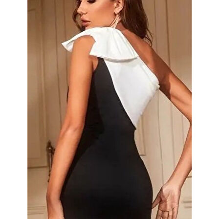 Lucky Life Kadın Omuzlardan Kurdela Detaylı Siyah Beyaz çift Renkli Yırtmaçlı Midi Dalgıç Elbise