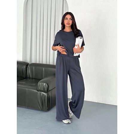 Lucky Life Lucky Life Kadın Modal Yumuşak Dokulu Kumaş Bisiklet Yaka T-shirt Bol Paça Pantalon Ikili Takım -Antrasit